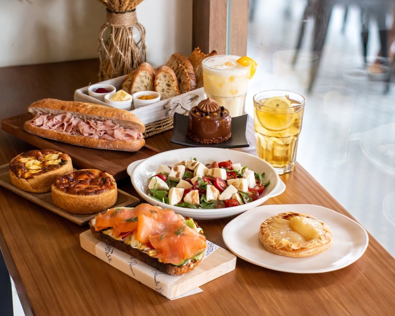 French pastries, sandwiches and drinks at Bastille Bakery
